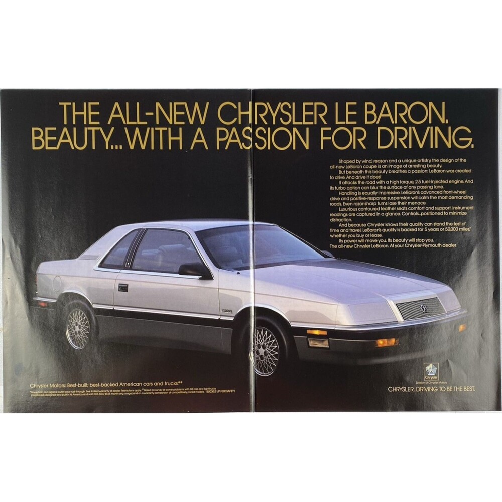 Chrysler Le Baron "Beauty with a Passion for Driving" 2-Page Vtg Print Ad 1987